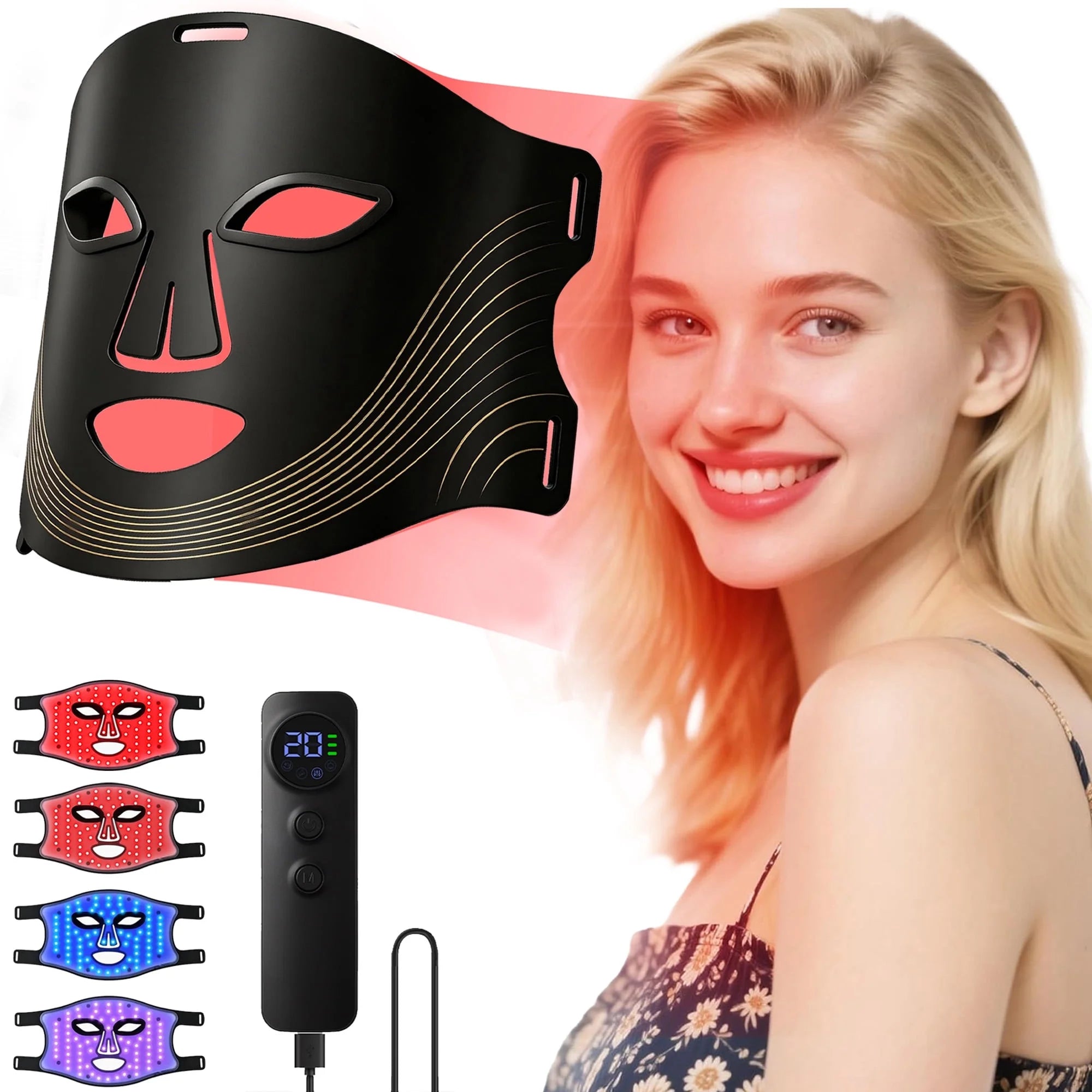 Red Light Therapy for Face, 4 Modes Led Face Mask Light Therapy with Remote, Portable Light Therapy Mask for Skin Care at Home, Travel (Black)