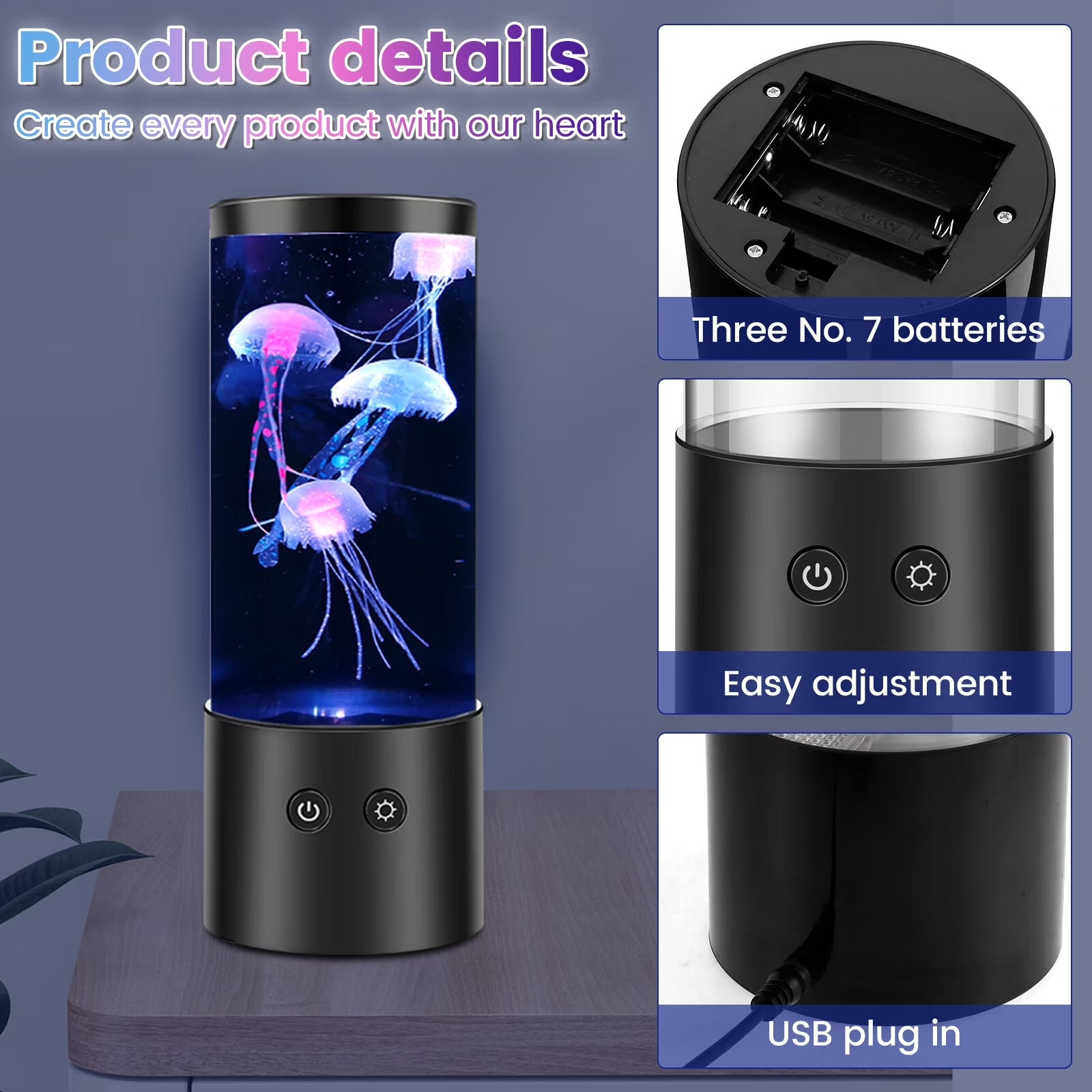 LED Jellyfish Lamp with 7 Colors Changing Usb/Battery Operated Jellyfish Night Light Fantasy Jellyfish Aquarium Lamp for Home Office Bedroom Living Room