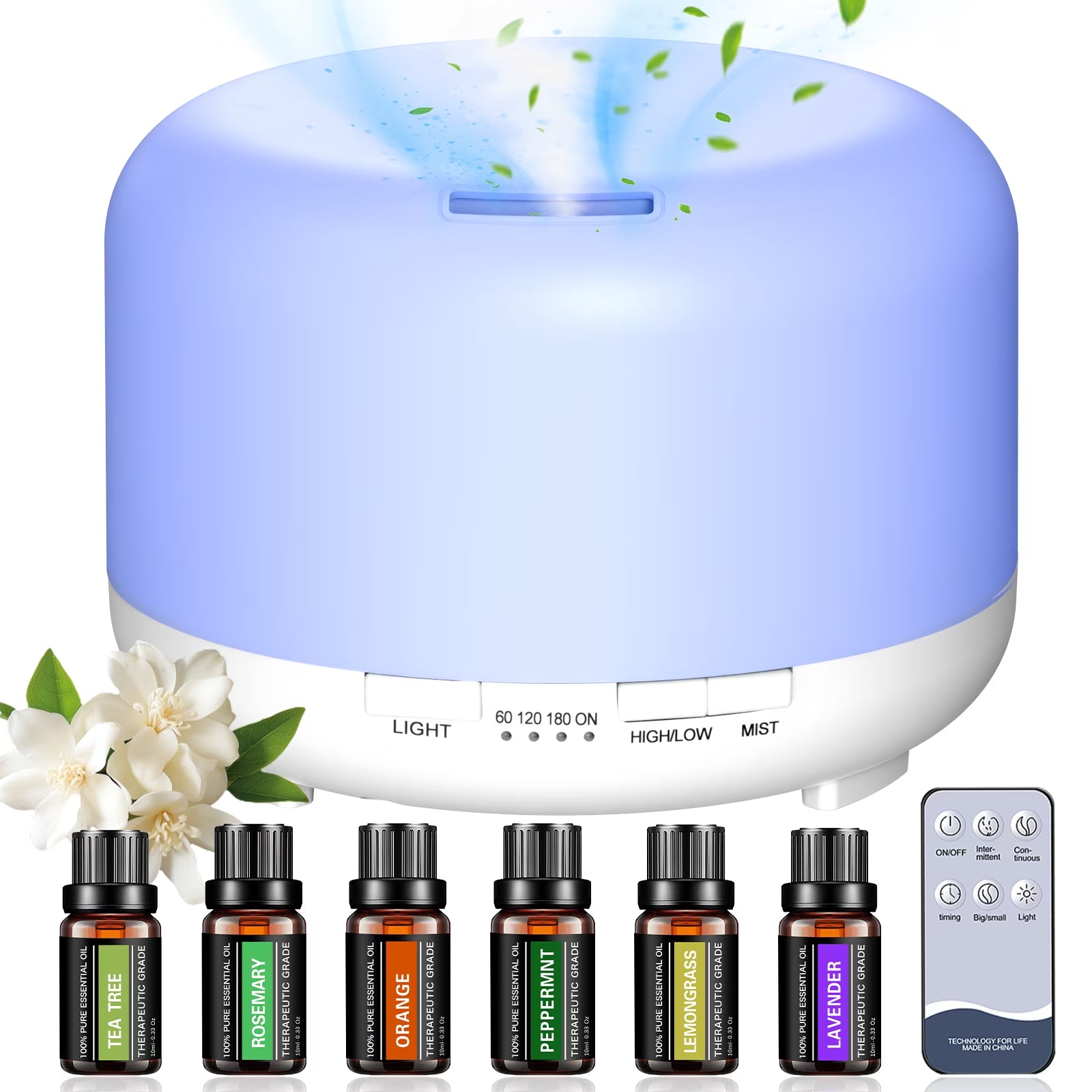 500Ml Essential Oil Diffuser with 6*10Ml Essential Oils Set, Flower Aromatherapy Diffusers with Remote Control, Oil Air Humidifier Vaporizer for Large Room Bedroom Office