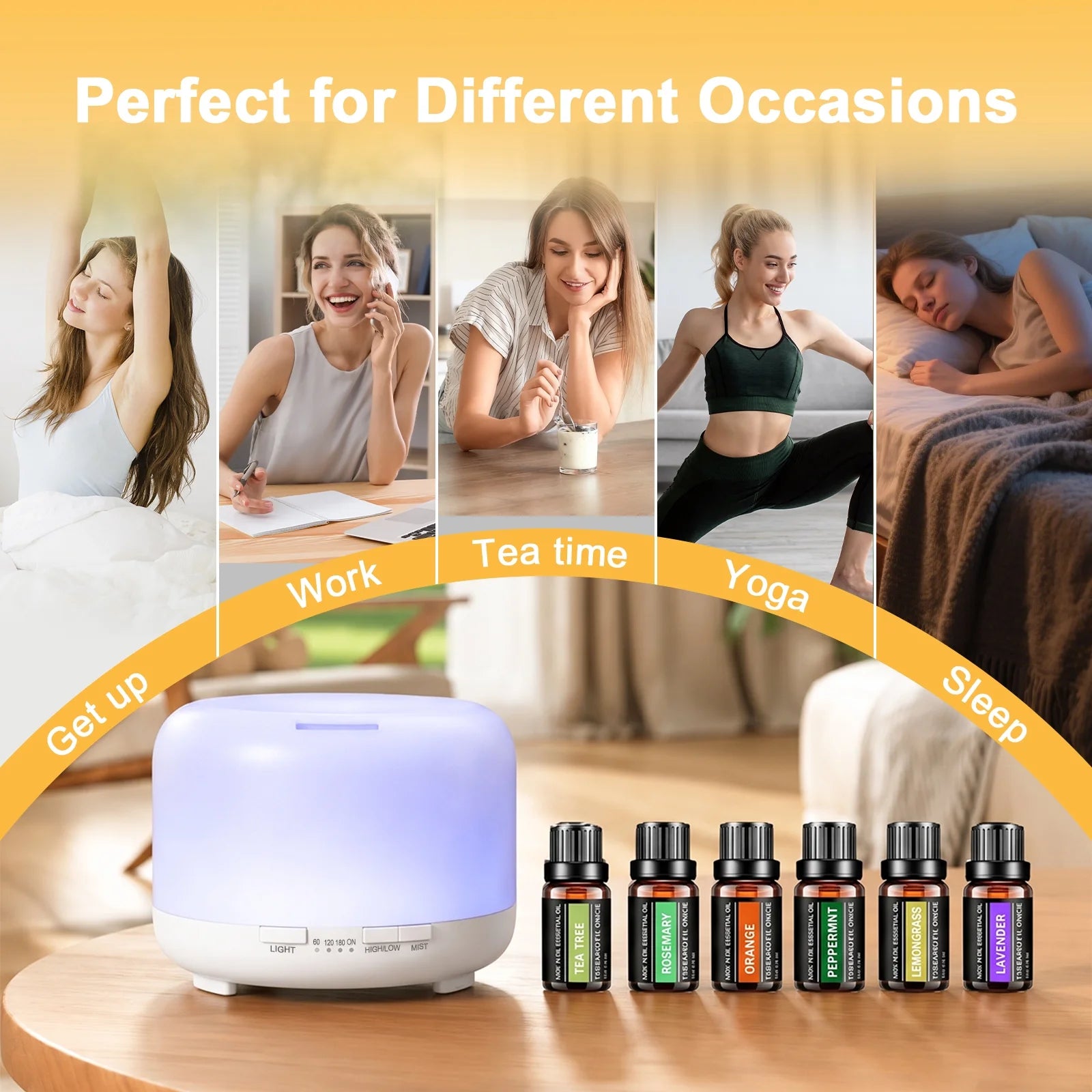 500Ml Essential Oil Diffuser with 6*10Ml Essential Oils Set, Flower Aromatherapy Diffusers with Remote Control, Oil Air Humidifier Vaporizer for Large Room Bedroom Office