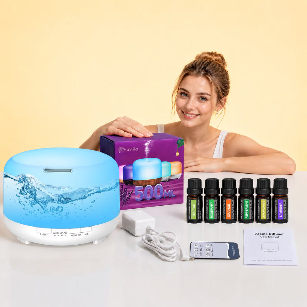 500Ml Essential Oil Diffuser with 6*10Ml Essential Oils Set, Flower Aromatherapy Diffusers with Remote Control, Oil Air Humidifier Vaporizer for Large Room Bedroom Office